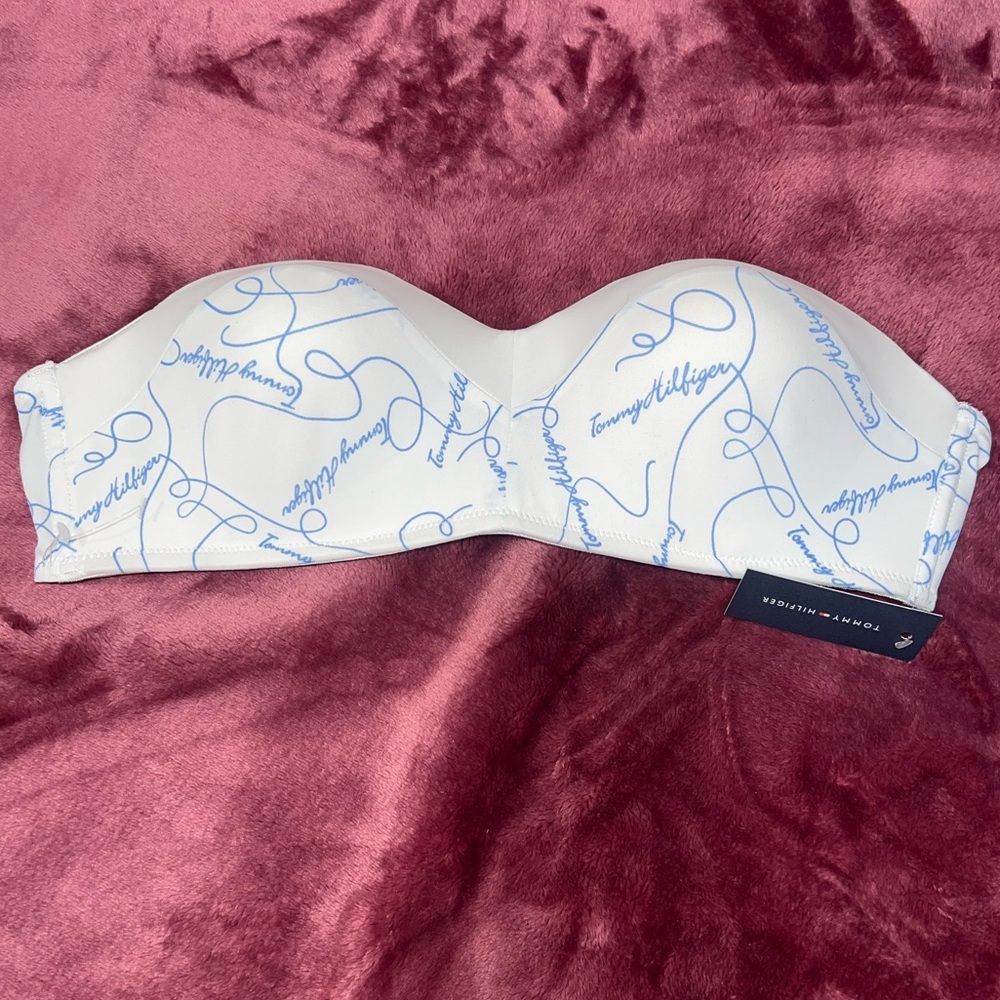 Tommy Hilfiger White and Blue Script Strapless Bra